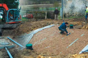 Photo d'un chantier de canalisation en travaux avec un tracteur et 2 agents entrain de recouvrir le sol de terre