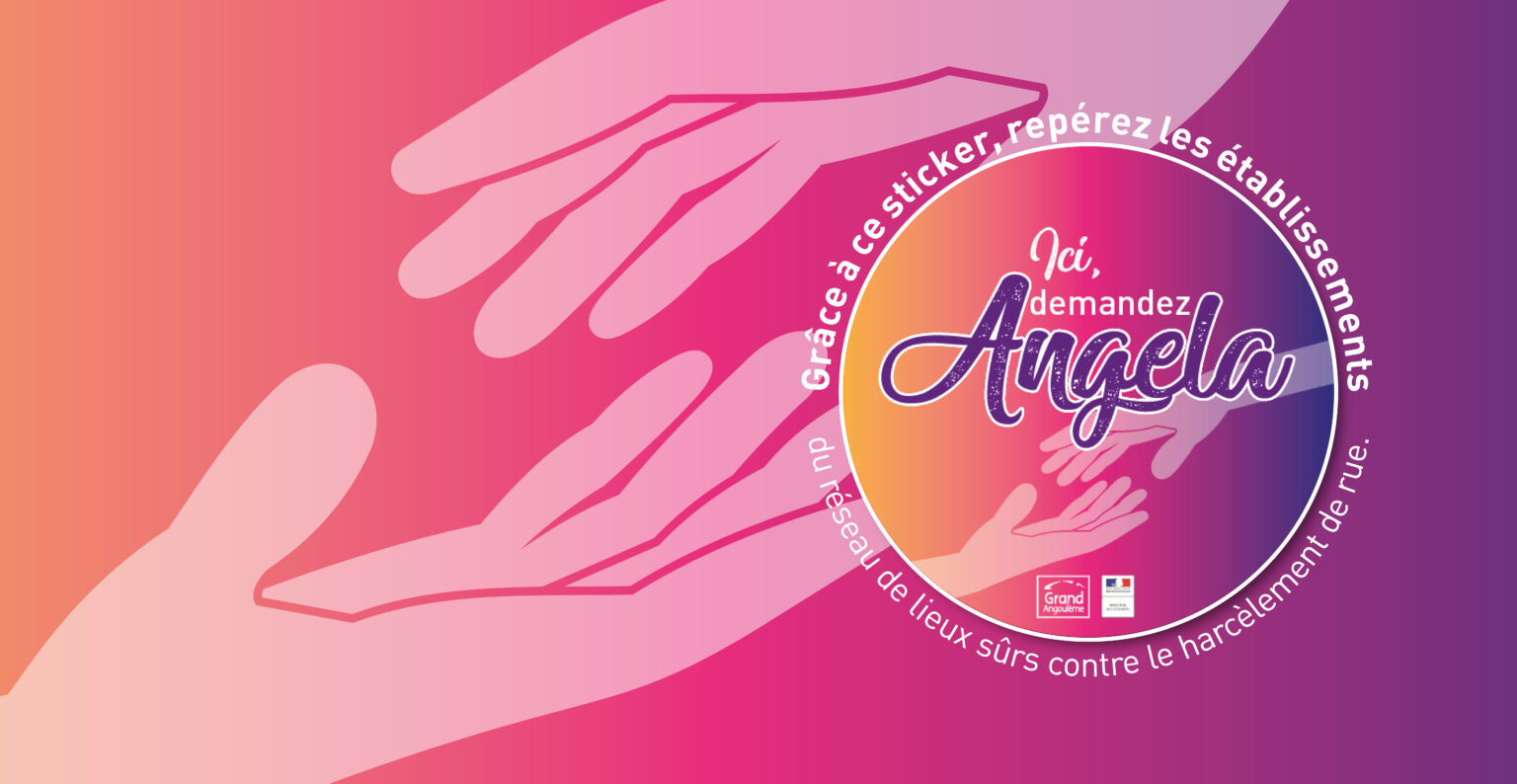 deux mains qui tentent de s'accrocher entre elles avec le logo du dispositif où il y a marqué "Ici, demandez Angela"